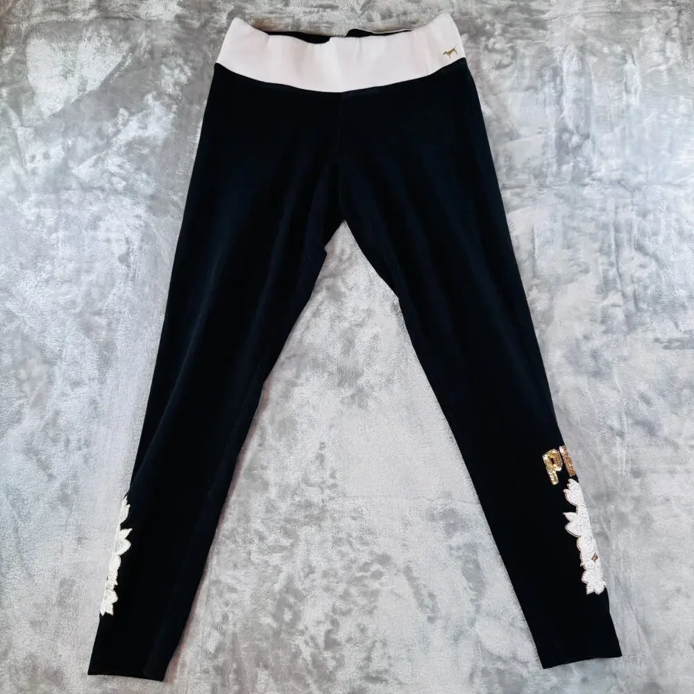 PINK Victoria's Secret Womens Size L Black Sequin Floral Yoga Leggings Foldover